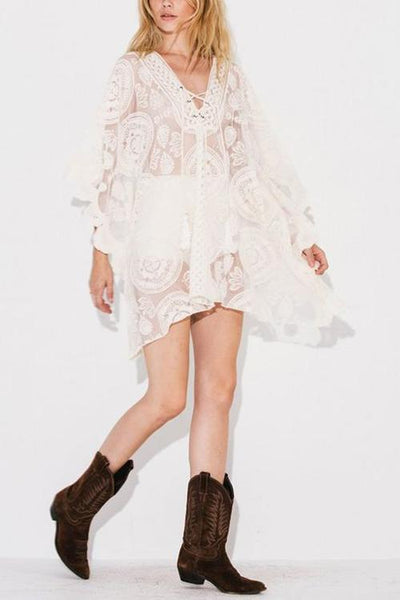 Lace Up Loose Mini Cover Dress - girlyrose.com
