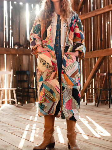 Stylish Loose Floral Printed Multi-Colored Big Pocket Collarless Cardigan Coats