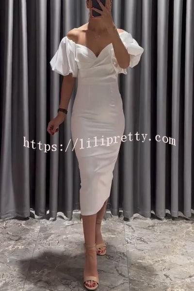 Talk Sweetly Satin Puff Sleeve Ruched Bust Formal Midi Dress