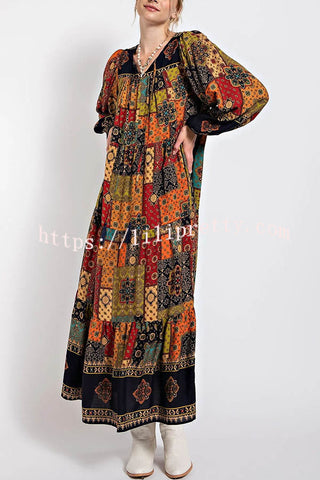 Rosalind Bohemia Ethnic Patchwork Print Long Sleeve A-line Maxi Dress