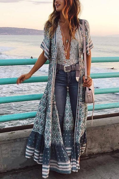 Print V Neck Short Sleeve Maxi Dress - girlyrose.com