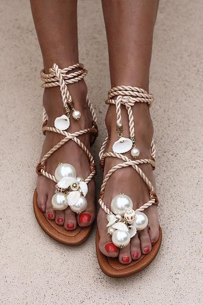 Pearl Lace Up Flat Sandals - girlyrose.com
