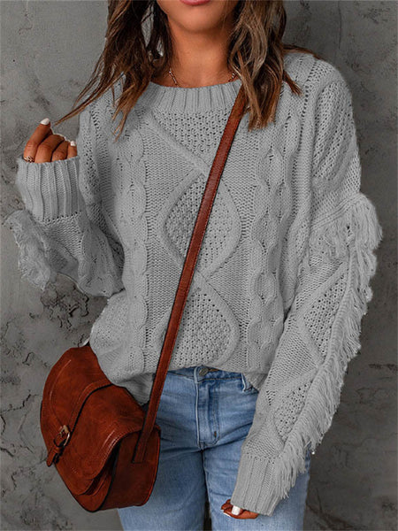 Loose-fitting Turtleneck Fringe Solid Color Pullover Knit Sweater for Women-Corachic