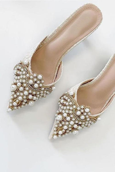 Pearl Lace High Heel Mules