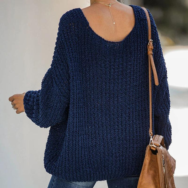 Fashion Women's Solid Color V-neck Loose Sweater-Corachic