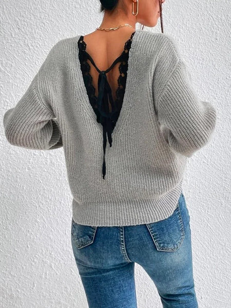 Fashion Long Sleeves V-Back Split-Joint Lace V-Neck Sweater Tops