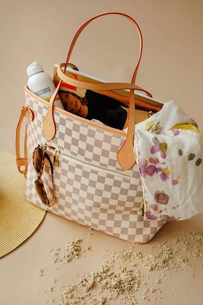 Check Tote Handbag with Clutch Wallet