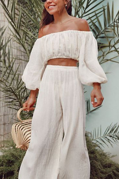 Off Shoulder Ruched Crop Top Pants Sets