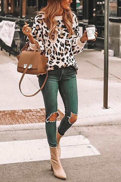Leopard O Neck Sweater - girlyrose.com