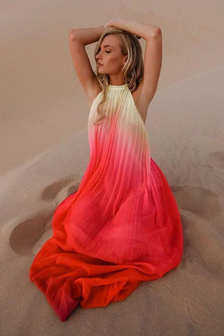 Gradient Color Halter Neck Backless Maxi Dress - girlyrose.com