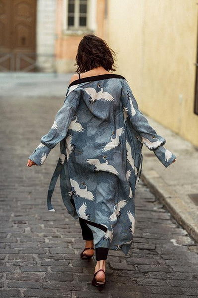 Crane Print Kimono Cardigan