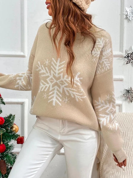 Festival Long Sleeves Snowflake Crochet Round-Neck Sweater Tops