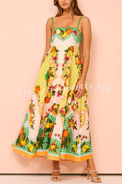 Enjoy Summer Lemon Linen Blend Unique Print Smocked Back Pocket Maxi Dress