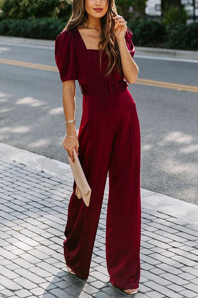 Sqaure Neck Puff Short Sleeve Jumpsuits