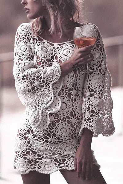 Hollow Lace Corchet Flares Sleeve Cover Dress - girlyrose.com