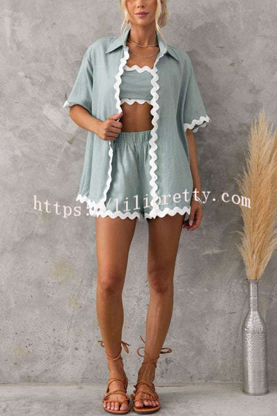 Harry Waved Trim Button Loose Shirt and Elastic Waist Pocketed Shorts Set