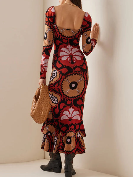 Stylish Long Sleeves Empire Floral Printed Bordered Square-Neck Maxi Dresses