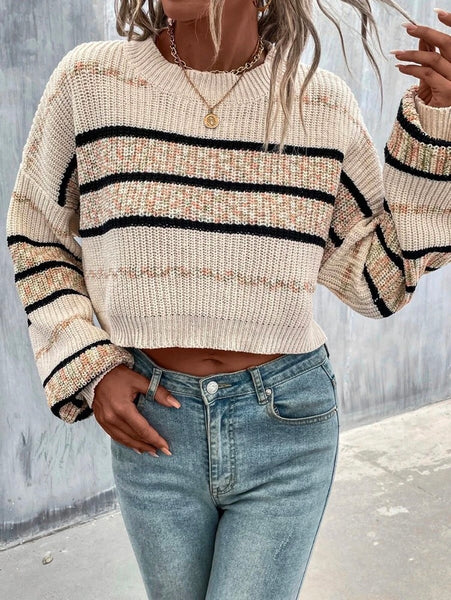 Long Sleeves Printing Color-Block Round-Neck Sweater Tops