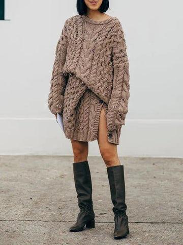 Stylish Long Sleeves Asymmetric Crochet Skirt Two-Pieces Set