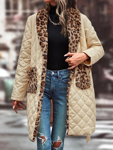 Stylish Color-Block Bandage Leopard Printed Pocket Lapel Collar Trench Coats
