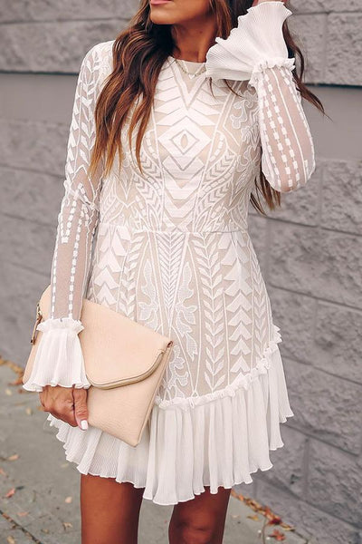 Lace Pleated Long Sleeve Ruffle Dress