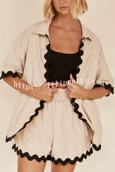 Harry Waved Trim Button Loose Shirt and Elastic Waist Pocketed Shorts Set