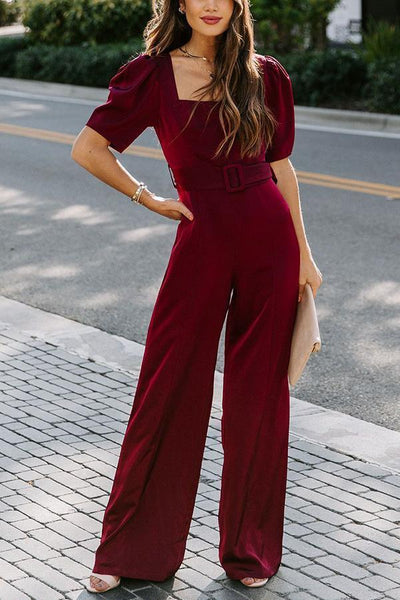 Sqaure Neck Puff Short Sleeve Jumpsuits