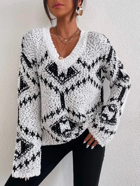 Stylish Loose Long Sleeves Floral Printed Color-Block V-Neck Sweater Tops