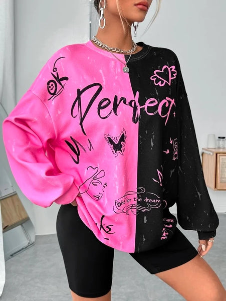 Loose Fluorescent Letter Graphic Two Tone Drop Shoulder Sweatshirt