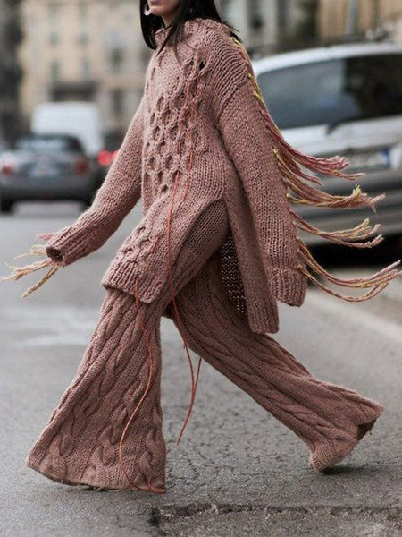 Stylish Crochet Jacquard Tasseled Top Straight Leg Pants Sweater Two-Pieces Set