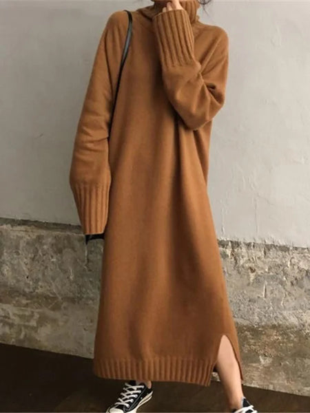 Casual Loose Long Sleeves Solid Color High-Neck Maxi Sweater Dresses