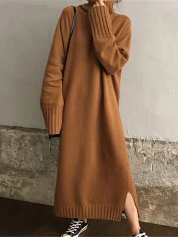 Casual Loose Long Sleeves Solid Color High-Neck Maxi Sweater Dresses