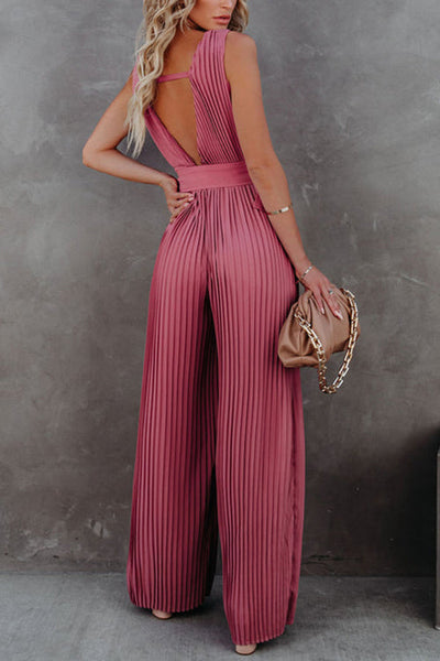 Pleated V Neck Wide Leg Jumpsuit