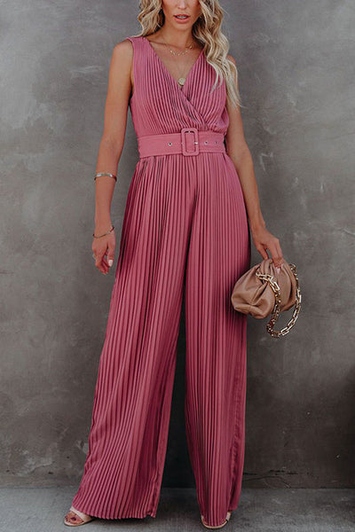 Pleated V Neck Wide Leg Jumpsuit