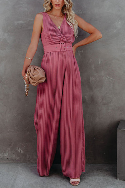 Pleated V Neck Wide Leg Jumpsuit