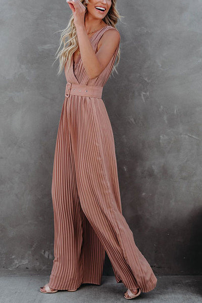 Pleated V Neck Wide Leg Jumpsuit