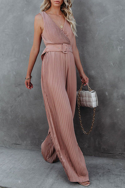 Pleated V Neck Wide Leg Jumpsuit