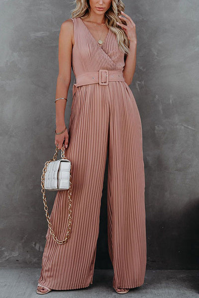 Pleated V Neck Wide Leg Jumpsuit