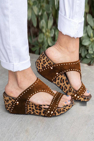 Leopard Peep Toe Studded Slide Wedge Sandals