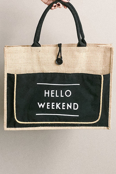 HELLO WEEKEND Jute Tote Bag