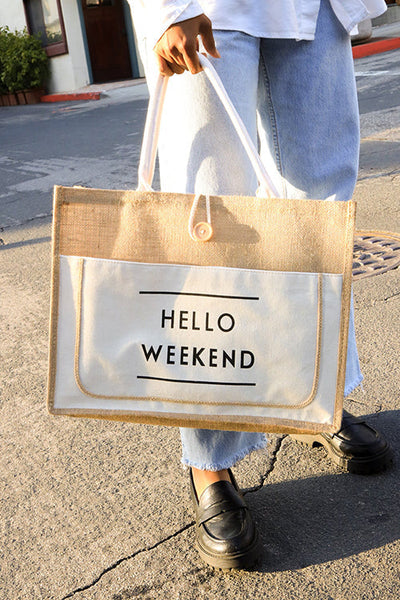 HELLO WEEKEND Jute Tote Bag