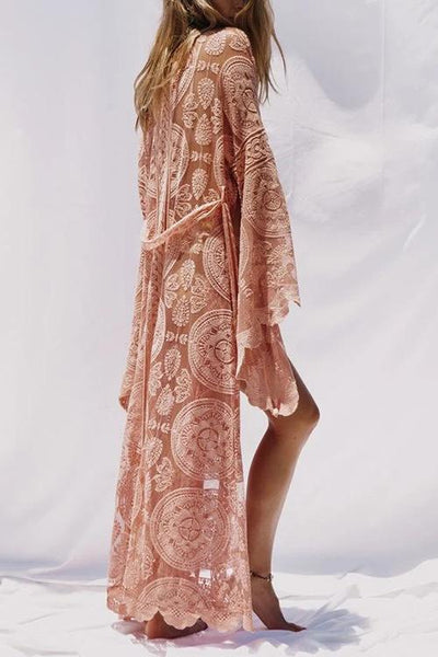 Flares Sleeve Lace Long Cover Up With Belted - girlyrose.com