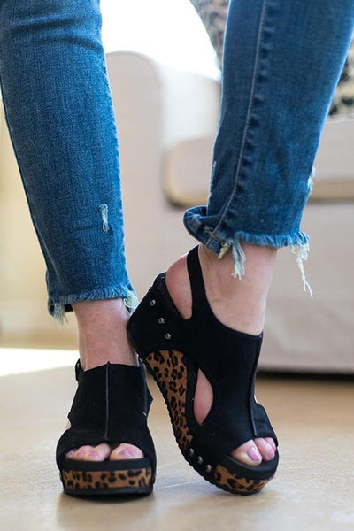 Leopard Peep Toe Studded Slide Wedge Sandals