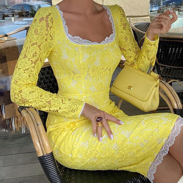 Yellow lace sheath dress