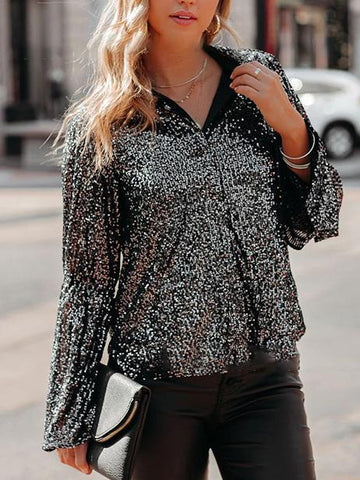 Dark gray sequins lapel loose shirt