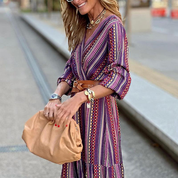 Deep v neck bohemia striped belted dress