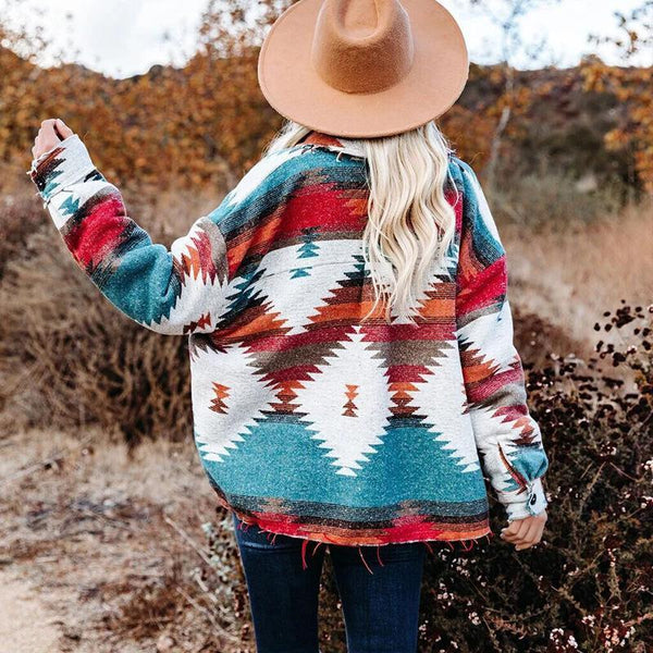 Women lapel ethnic style printed coat