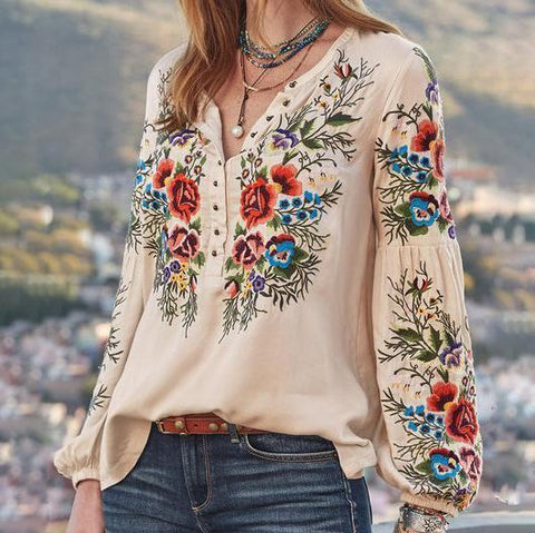 V-neck button women flower printed autumn top