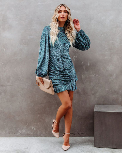 Velvet backless women puff sleeve dress