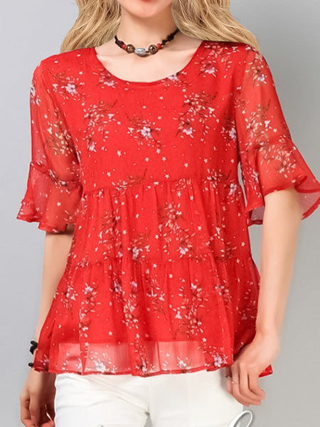 Women’s Blouses Plus Size Round Neck Floral Printed Pattern Chiffon Blouse